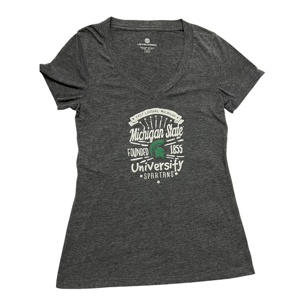 Level Wear Michigan State Spartans Graphic V Neck T Shirt Women's Large Gray
